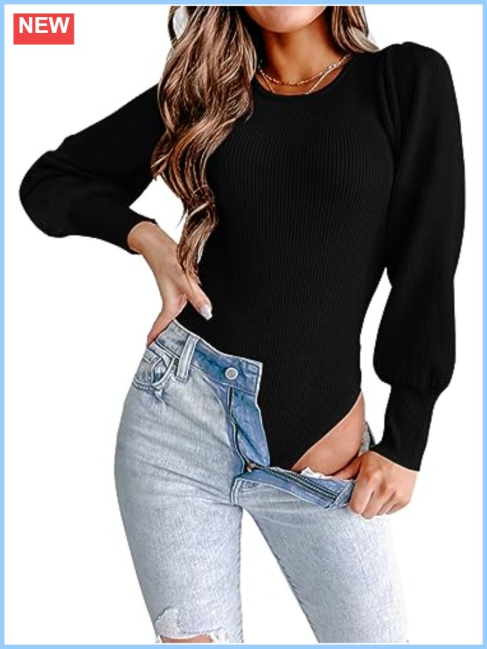 Women's Puff Sleeve Ribbed Knit Sweater Bodysuit Long Sleeve Fitted Pullover Top